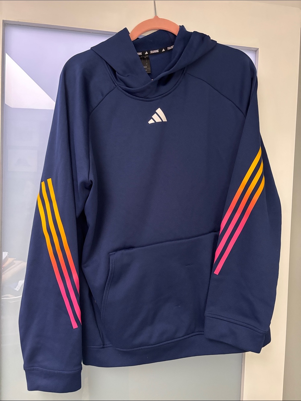 adidas Navy Hoodie with Pink-to-Orange Sleeve Stripes